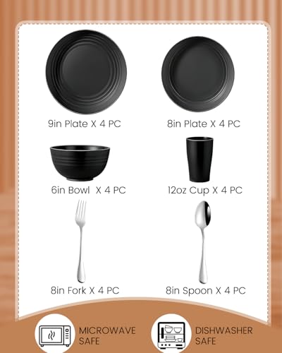 24 Piece Plates and Bowls Sets for 4- Unbreakable Wheat Straw Dinnerware Sets Includes Stainless Steel Forks for Picnic Camping Outdoor Kitchen and Apartment Dinning RV Essentials-Black - color: Black, size: 24pcs