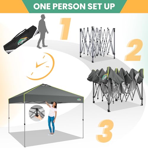 COBIZI 10x10 Pop Up Canopy Tent, Outdoor Party Tent with 4 Sidewall One Push Setup Glow, 3 Adjustable Height Air Vent Waterproof UPF50+, Bag, 4 Sandbag, 8 Stake, 4 Rope for Beach, Commercial - color: Gray, size: 10x10 with 4 Sidewalls