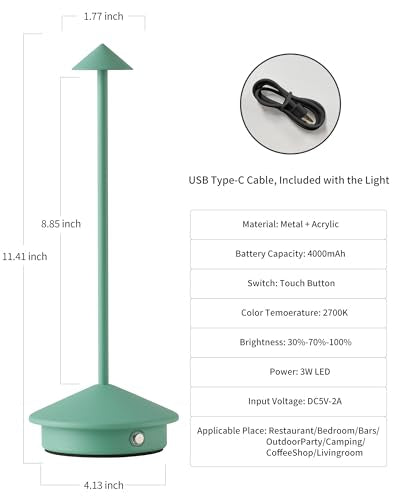 Modern Cordless Table Lamp Set of 2, Portable LED Desk Lamps, 4000mAh Rechargeable Battery Operated Lighting for Bedroom Dining Room Restaurant Coffee Shop Camping Night Light (Green) - color: Green (2 Pack)