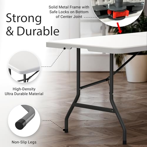 2 Pack of 6 Feet Foldable Table with Built in Handle & Steel Legs | Heavy Duty Portable | Perfect for Party, Dining, Wedding, Events, Picnic Indoor, Outdoor, Camping, Utility, Temporary - color: White, size: 2 Pack - 6 Ft