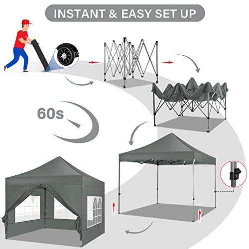 COBIZI 10x10 Pop Up Canopy Tent 10x10 Canopy with 4 Sidewalls Waterproof Heavy Duty Commercial Canopy Tent for Parties Outdoor Garden Gazebo, Carry Bag with Wheel(10x10ft, Gray) - color: Gray, size: 10X10FT 4 Sidewalls