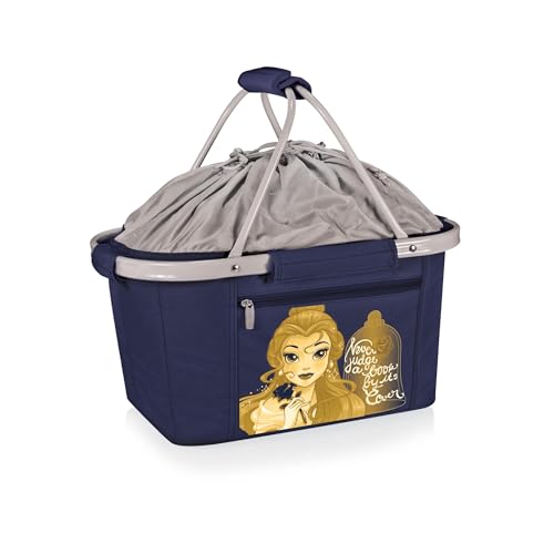 Picnic TIME Metro Shopping Basket Cooler, Insulated Collapsible Picnic and Market Basket with Aluminum Frame and Drawstring Top for Travel and Groceries - color: Disney Princess the Beauty & the Beast - Navy Blue