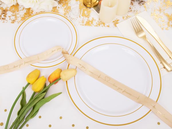 GATHER 176 Pieces Gold Dinnerware Disposable - White and Gold Plastic Plates Includes 50 Plates, 25 Plastic Silverware, 25 Napkins, 25 Cups and 1 Tablecloth for Wedding Party - color: Gold, size: 25 Guests