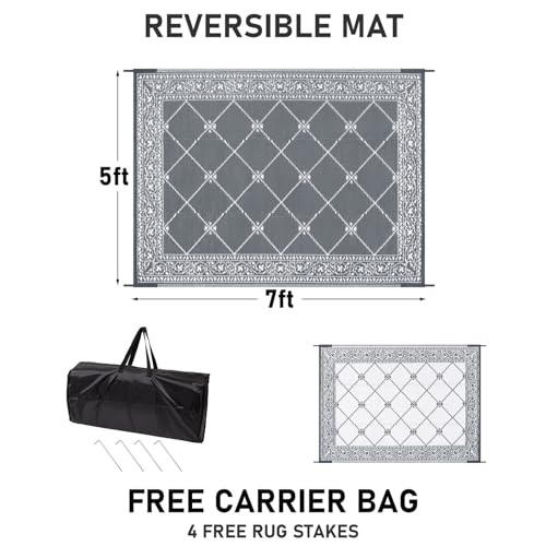 Reversible Mat Plastic Outdoor Rugs for Patios Clearance Waterproof Plastic Straw Rug Large Area Rug for Outdoor, Porch, Patio, RV,Camping,5x7Ft, Grey - color: Classic Grey, size: 5' x 7' (Rectangular)