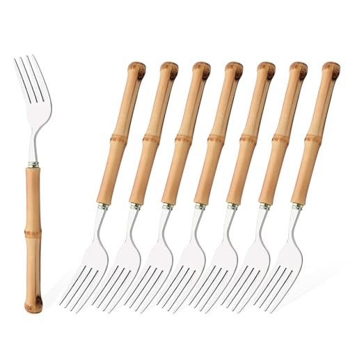 Dinner Fork Set, 8-Piece Natural Bamboo Forks, 18/8 Stainless Steel with Bamboo Handle, Silver Mirror Finish, Unique Design, 8.27 Inch - color: 8-Piece Dinner Fork