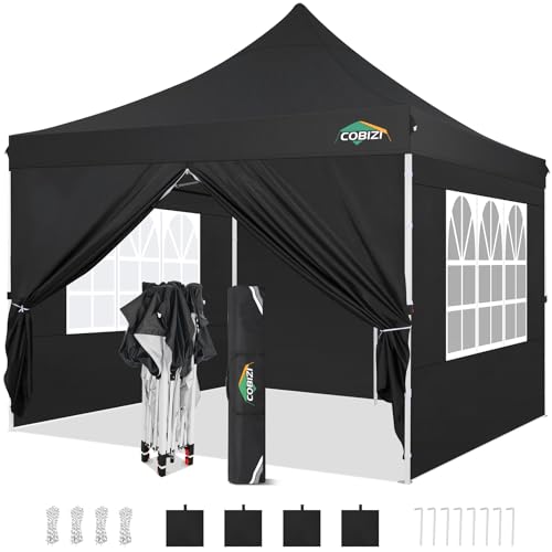 COBIZI 10x10 Pop Up Canopy with 4 Sidewalls, Canopy Tent 10x10 for Parties, Backyard, Commercial, Waterproof and Portable Instant Shelter UV50+ Outdoor Gazebo with 4 Sandbags(Black) - color: Black, size: 10x10FT