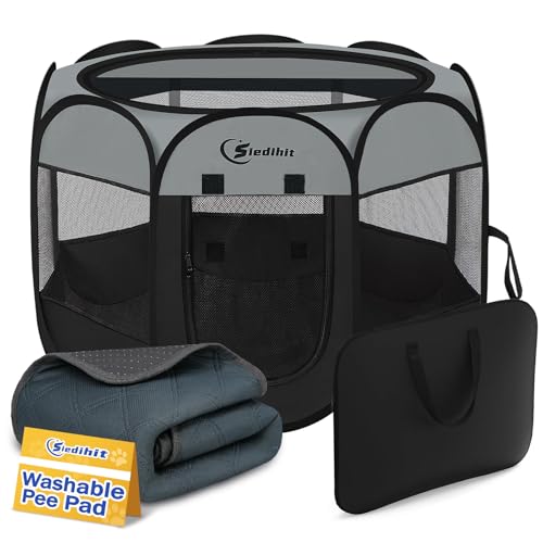 Siedihit Dog Cat Playpen with Washable Pee Pad, Puppy Pet Playpen Indoor for Small Dog Crate Tent Cage Outdoor, Portable Pop Up Dogs Enclosure Kennel with Carrying Case,Dark Grey - color: Dark Grey with Pad
