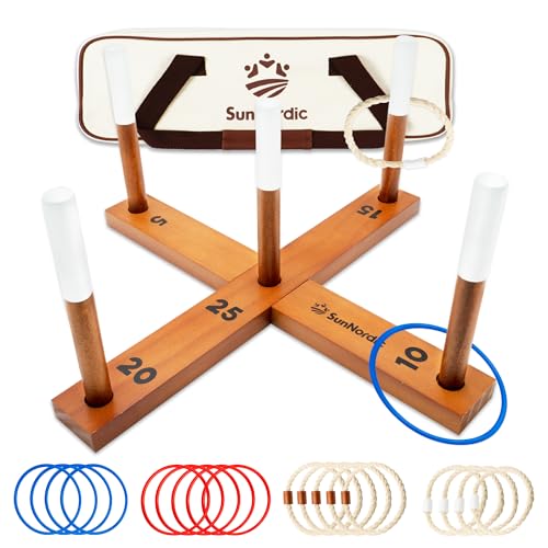 SunNordic Wooden Ring Toss Game Set, Backyard Beach Camping Game with Toss Rings & Portable Carrying Bag, Outdoor Lawn & Yard Games for Kids, Adults & Family - color: Yellow Brown