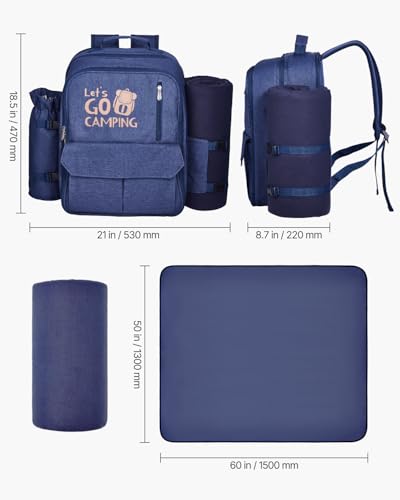 VEVOR Picnic Backpack, Beach Picnic Backpack Bag for 4 Person with Insulated Cooler Compartment, Detachable Bottle/Wine Holder, Lightweight Blanket, Plates and Cutlery Set for Outdoor, Navy Blue - size: single layer for 4 & blue