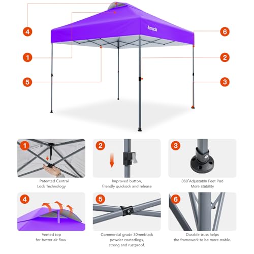 Amada 10x10 Pop Up Canopy Tent, 1-Button Push Easy-up Outdoor Canopy Beach Tent with 3-Height Adjustable Waterproof Shade Shelter, Wheeled STO-N-Go Bag 8 Stakes, 4 SandBags (Purple) - color: Purple, size: 10x10ft