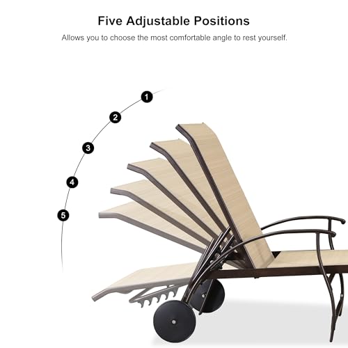 PURPLE LEAF Outdoor Chaise Lounge Chair Set of 3 Patio Pool Lounger Aluminum Chairs with Side Table and Wheels Adjustable Tanning Recliner for Outside Backyard Yard Deck Balcony Beach Light Khaki - color: Light Khaki, size: 2 Chairs with Wheels & 1 Table