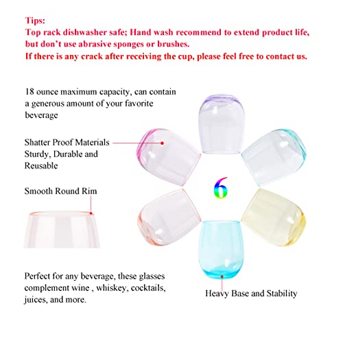 KOXIN-KARLU Classic 18-ounce Acrylic Stemless Wine Glasses, Unbreakable Mixed Drinkware Plastic Tumbler, set of 6 Mutlicolor - color: Multicolor