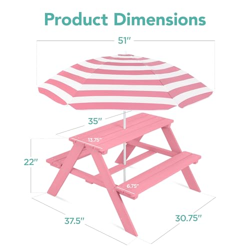Best Choice Products Wooden Kids Picnic Table with Umbrella, Outdoor Activity Table Set with Built-in Benches, 220 lb Capacity per Bench - Pink - color: Pink