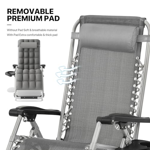 MoNiBloom Beach Chaise Lounge Chair, Patio Folding Recliner with Removable Cushion, Headrest & Tray, Portable Tanning Sunbathing Chair for Poolside Beach Porch Yard, Reinforced Bar, 330lbs Grey - color: Grey, size: Standard 1-Pack