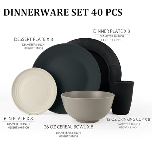 40 PCS Wheat Straw Dinnerware Set | Service for 8 Plastic Dishes Set Unbreakable Plates and Bowls Sets, Drinking Glasses, Dishwasher and Microwave Safe Dish Set for KItchen - Gray Stone - color: Gray Stone, size: 40 PCS