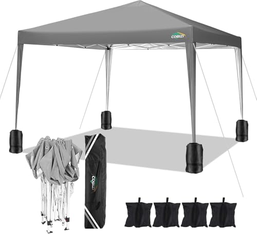 COBIZI 10x10 Pop Up Canopy Tent with 4 Sandbags, Easy Set Up Gazebo, Instant Outdoor Sun Shelter with 8 Stakes,4 Ropes&Carry Bag, Tent for Parties, Beach, Backyard,Camping(Gray - color: Gray, size: 10x10FT without sidewall