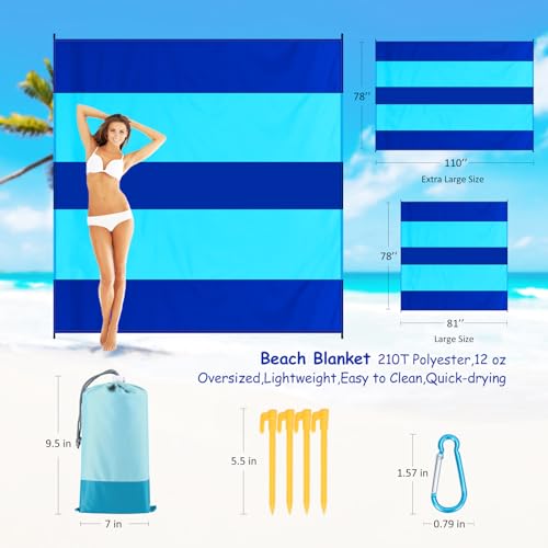 Beach Blanket Waterproof Sandproof 1-7 Adult Oversized 78 '' × 110 '' Lightweight Durable Compact Sand Free Extra Large Beach Mat for Travel Camping Hiking Picnic Blanket - color: 2blue, size: 78“x110”