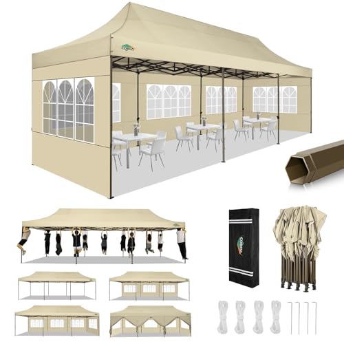 COBIZI 10x30 Pop Up Canopy Heavy Duty with 8 Removable Sidewalls, Commercial Portable Tents for Parties Ez Up Canopy All-Weather Windproof & Waterproof UPF 80+ Wedding Tent - color: Light Khaki, size: 10x30FT