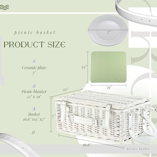 Picnic Basket Set for 4 with Waterproof Blanket Mat Insulation Bag Wicker White Green Plaid Classic Fresh Gift for Christmas Thanksgiving Wedding Birthday Camp Outdoor Beach Travel - color: Green Plaid