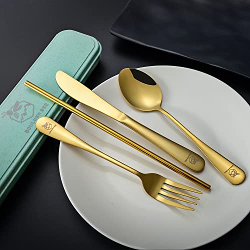 Boulder Bee | Travel Utensils Set | Reusable Camping Cutlery Set | Stainless Steel Flatware Set | Portable Silverware Set with Case | Includes Knife/Fork/Spoon/Straw/Cleaning Cloth/Case (Gold) - color: Gold
