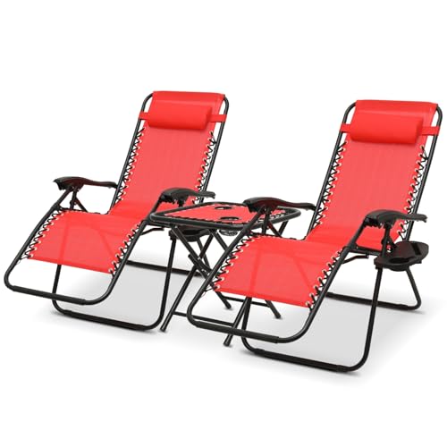 Athena Collection Zero Gravity Outdoor Lounge Chair Set of 2 with Side Table, 25" Width Pool Lounge Lawn Chairs Reclining with Cup Holder, Outdoor Chaise for Beach Patio Backyard Outside, Red - color: Red, style: 25" Width