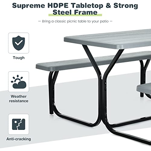 Moccha Picnic Table Bench Set - Portable Plastic Picnic Table w/Steel Frame & Wood-Like Texture, All Weather Heavy Duty Picnic Table Kit, Picnic Tables for Outdoors Garden Patio Party Dining (Grey) - color: Grey