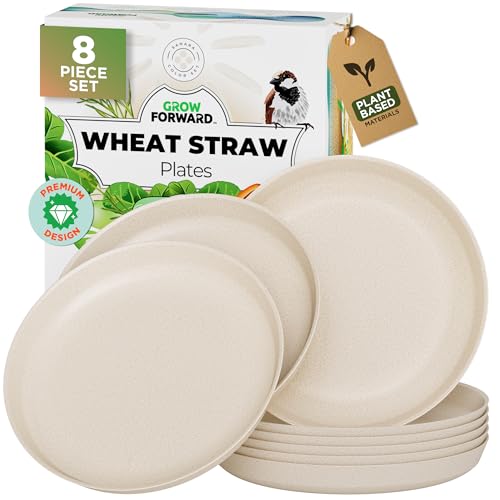 Grow Forward Premium Wheat Straw Plates - 10 Inch Reusable Hard Plastic Dinner Plates Set of 8 - Unbreakable & Microwave Safe Dishes for Dessert, Camping, RV, Outdoors, Patio, Kitchen - Sahara - color: Sahara Beige, size: 10 inch