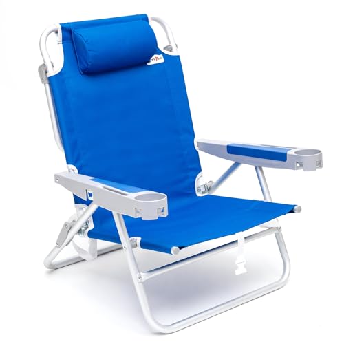SUNNYFEEL Extra Wide 28" Low Beach Chair 5 Position Lay Flat, XL Oversized Portable Folding Camping Chairs with Cup Holder for Outdoor/Trip, Lightweight Foldable Backpack Beach Chair for Adults - color: Navy Blue, size: 1-PACK