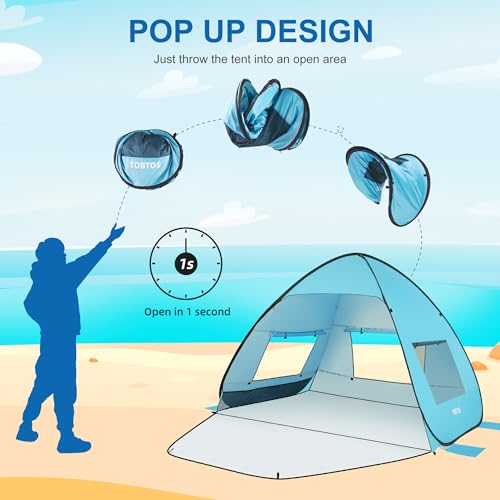 TOBTOS UPF 50+ Pop Up Beach Tent, Easy Set Up Beach Umbrella, Sun Shelter for 2-3 People UV Protection Portable Sunshade, Baby Canopy Cabana, Lightweight with Carry Bag - style: Blue for 3-4 Person