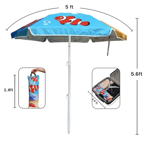 LOTTAFUN Water Table Umbrella Kid 5ft Beach Umbrella - Heavy Duty Wind Resistant UV 50+ Portable Sun Shade with Sand Anchor & Carry Bag, Outdoor Folding Umbrella for Beach,Pool,Patio,Garden (Fish) - color: Clownfish