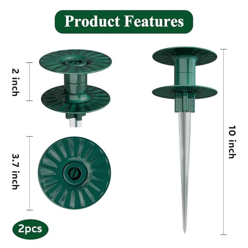 10 Inch Garden Hose Guide Spike, Rust Free Zink Sturdy Metal Stake, Heavy Duty Dark Green Spin Top, Keeps Garden Hose Out of Flower beds, for Plant Protection Greenhouse, Yard Lawn, 2PCS