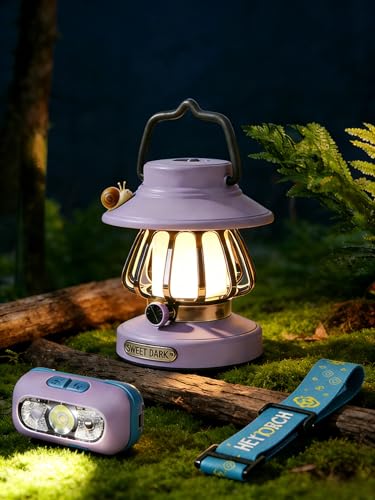 Kids Camping Light Set - Rechargeable Lantern & Motion Sensor Headlamp with USB-C Charging, 3 Color Dimmable Night Light for Boys Girls Indoor Outdoor Adventures (Purple) - color: Purple Camping Gear