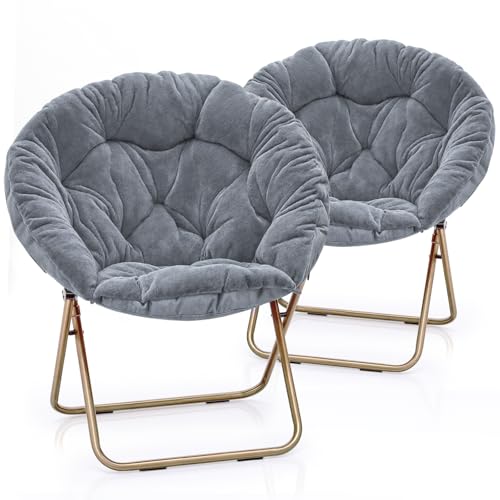 MoNiBloom Round Folding Faux Fur Saucer Chair for Bedroom Living Room Dorm Foldable Metal Frame Oversized Large Comfy Furry Padded Soft Lounge Lazy Cozy Moon Chair for Adults (Gray, 2 Pieces) - color: Grey