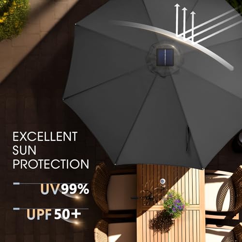 wikiwiki 10FT Solar Led Patio Umbrella with Base Included, 32 LED Lights, 8 Sturdy Ribs, Fade Resistant Waterproof POLYESTER DTY Canopy for Garden, Lawn, Deck, Backyard & Pool, Dark Gray - color: Dark Gray, size: 10FT