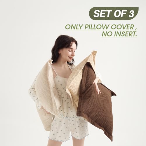 COCO TOP Pack of 3 Boho Vintage Euro Throw Pillow Covers 22x22inch, Soft-Touch Corduroy with Stripes Square Cushion Pillowcases Home Decor for Living Room Bedroom Sofa Couch(Deep Brown, Beige & Camel) - color: Dark Brown/Beige/Camel, size: 22" x 22" (Pack