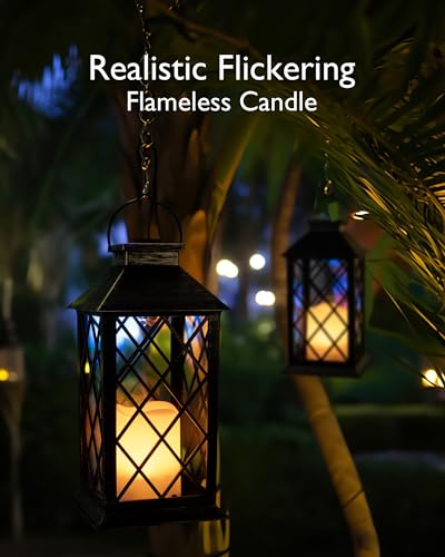 Homemory Solar Lanterns Outdoor Waterproof Hanging with Flickering Flameless Candles, 2 Pack Garden Outdoor Lantern Decorative for Patio Front Porch Backyard Balcony Cabin Outside (Bronze) - style: Bronze