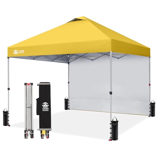 CROWN SHADES 10x10 Pop Up Canopy with 1 Side Wall - Beach Tent with One Push Setup - Outdoor Sun Shade for Events, Parties, Camping - Gazebo with STO-N-Go Cover Bag (Yellow) - color: Yellow, size: 10x10FT
