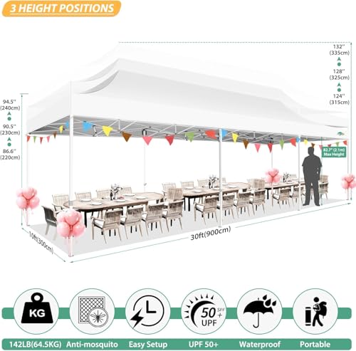 COBIZI 10x30 Pop Up Canopy with Sidewalls, Heavy Duty Canopy with Mosquito Netting, Easy up Screen Party Tents for Parties Backyard Outdoor Commercial Event Gazebo with Roller Bag, Sandbags, White - color: White, size: 10x30ft(standard)