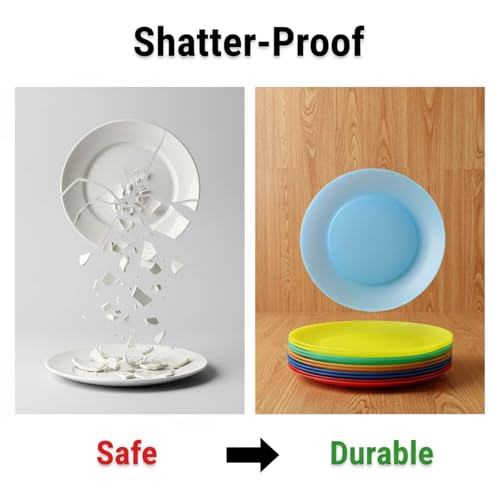 AOYITE 10 inch Plastic Plates Reusable - Lightweight Flat Dinner Plates set of 12 - BPA Free Dishwasher Safe & Microwave Plate for Kids Kitchen Party Camping Outdoor - color: Bright Multicolor
