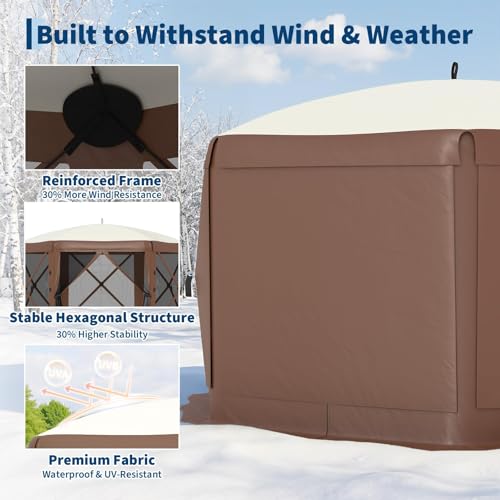 GarveeLife 11.5x11.5FT 6-Sided Pop Up Gazebo Tent，One-Push Setup Canopy Tent with Mesh Panels & Removable Wind Cloths, Outdoor shelter for Camping, Backyard Parties, Outdoor Events - Beige & Khaki - color: Beige & Khaki, size: Traditional Top - 11.5ft