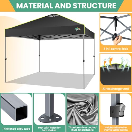 COBIZI 10x10 Pop Up Canopy Tent, Outdoor Party Tent with 4 Sidewall One Push Setup Glow, 3 Adjustable Height Air Vent Waterproof UPF50+, Bag, 4 Sandbag, 8 Stake, 4 Rope for Beach, Commercial - color: Black, size: 10x10 With 4 Sidewalls