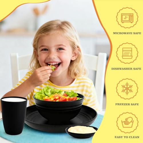 Wheat Straw Dinnerware Sets 16 PCS, Unbreakable Kids Plates and Bowls for 4-9 IN Plates, 26 OZ Cereal Bowls, 2 OZ Dipping Bowl, 12 OZ Cups, Dishwasher & Microwave Safe Plate Set - Black - color: Black, size: 16 PCS