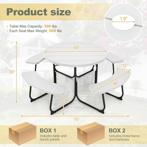 Tangkula 8 Person Picnic Table, Outdoor Round Picnic Table with 4 Built-in Benches, Umbrella Hole, Metal Frame & HDPE Tabletop, Outside Table and Bench Set for Backyard, 2300lbs Weight Capacity - color: White