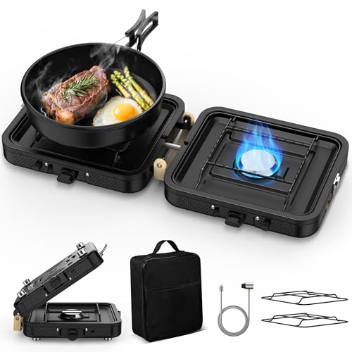 2 Burner Camping Propane Stove, Portable Folding Propane Stove with Carrying Bag, Adjustable High Heat Burners & Piezo Push-Button Instant Ignition, Outdoor Tailgating, Backyard BBQ Camping Essentials