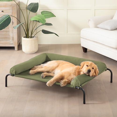 Cooling Elevated Dog Bed for Large Dogs, Outdoor Raised Dog Beds Portable Dogs Cot Bed W/Breathable Mesh, Pet Cots W/Removable Waterproof Bolster - color: Green, size: 43.0"L x 31.0"W x 8.0"Th