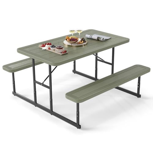 Giantex Picnic Table Bench Set for 4 People, 4.5FT Outdoor Rectangular Dining Table & 2 Benches w/Umbrella Hole, HDPE Tabletop, Metal Frame, Patio Garden Backyard Poolside, Green - color: Green, size: Rectangle-54"x28"x30"