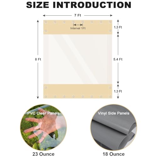 Clear Vinyl Curtains for Patio Enclosure, 23oz Heavy Duty Waterproof Anti-UV and Tear-Resistant Tarpaulin with Grommets, Weatherproof Panels for Porch, Pergola, Gazebo, Balcony, Outdoor - color: Khaki, size: 8'H X 7'W