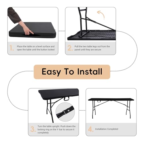 pollilar Folding Table 6FT HDPE 6 Foot Foldable Table Portable Banquet Surface Fold-in-Half Desk Utility for Working Meeting Parties, Picnic, Camping, Weddings, Catering, Garden Dining-Black - color: Black