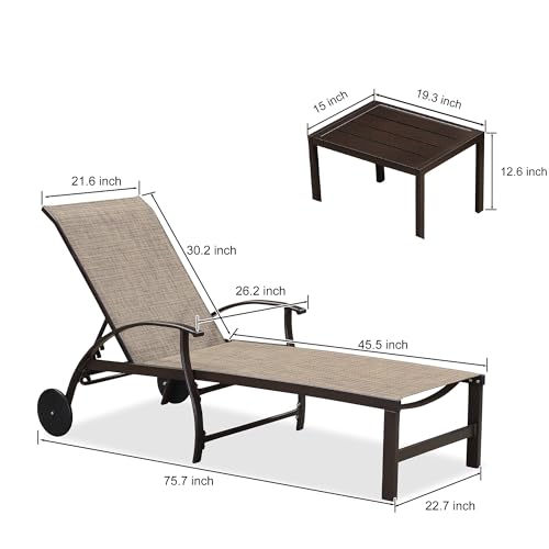 PURPLE LEAF Outdoor Chaise Lounge Chair Set of 3 Patio Pool Lounger Aluminum Chairs with Side Table and Wheels Adjustable Tanning Recliner for Outside Backyard Yard Deck Balcony Beach Brown - color: Brown, size: 2 Chairs with Wheels & 1 Table