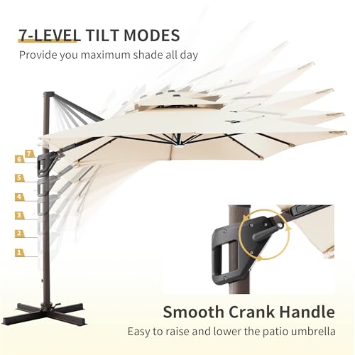 JZAC & QZYD 9x12 FT Outdoor Cantilever Patio Umbrella with LED Lights, Large Heavy Duty 2-Tier Aluminum Offset Umbrellas with 360-Degree Rotation for Pool Deck, Beige - color: Beige, size: 9'×12'
